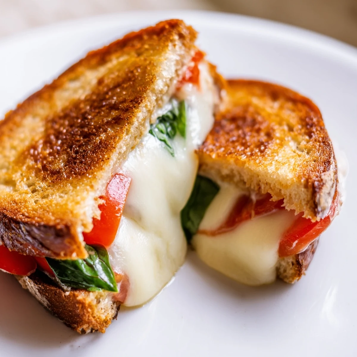 Golden-brown tomato basil grilled cheese sandwich with melty mozzarella, fresh basil, and ripe tomato slices on rustic sourdough bread.  