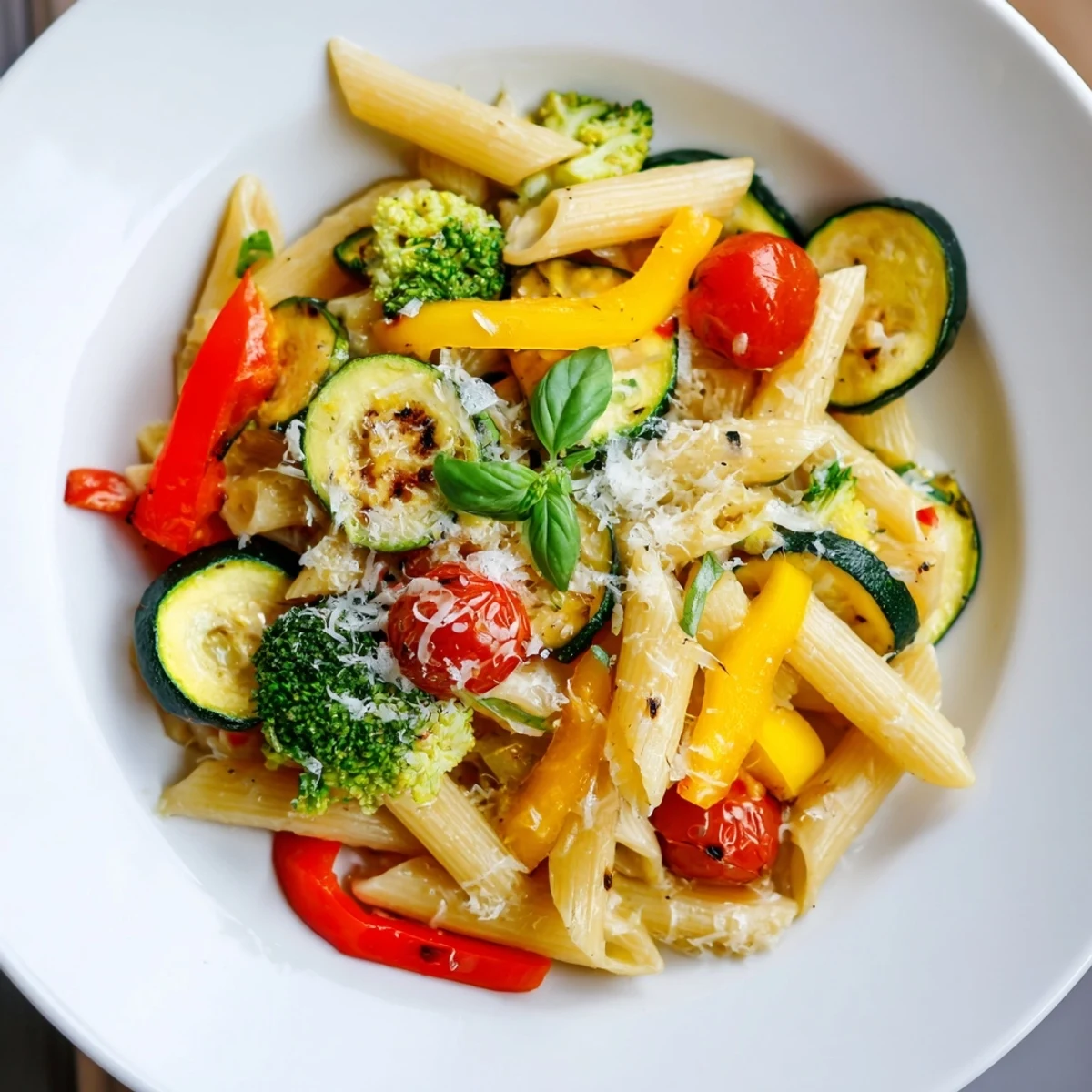 Golden roasted zucchini, bell peppers, and broccoli are tossed with al dente penne in a garlic-infused olive oil sauce for this vibrant Pasta Primavera.  