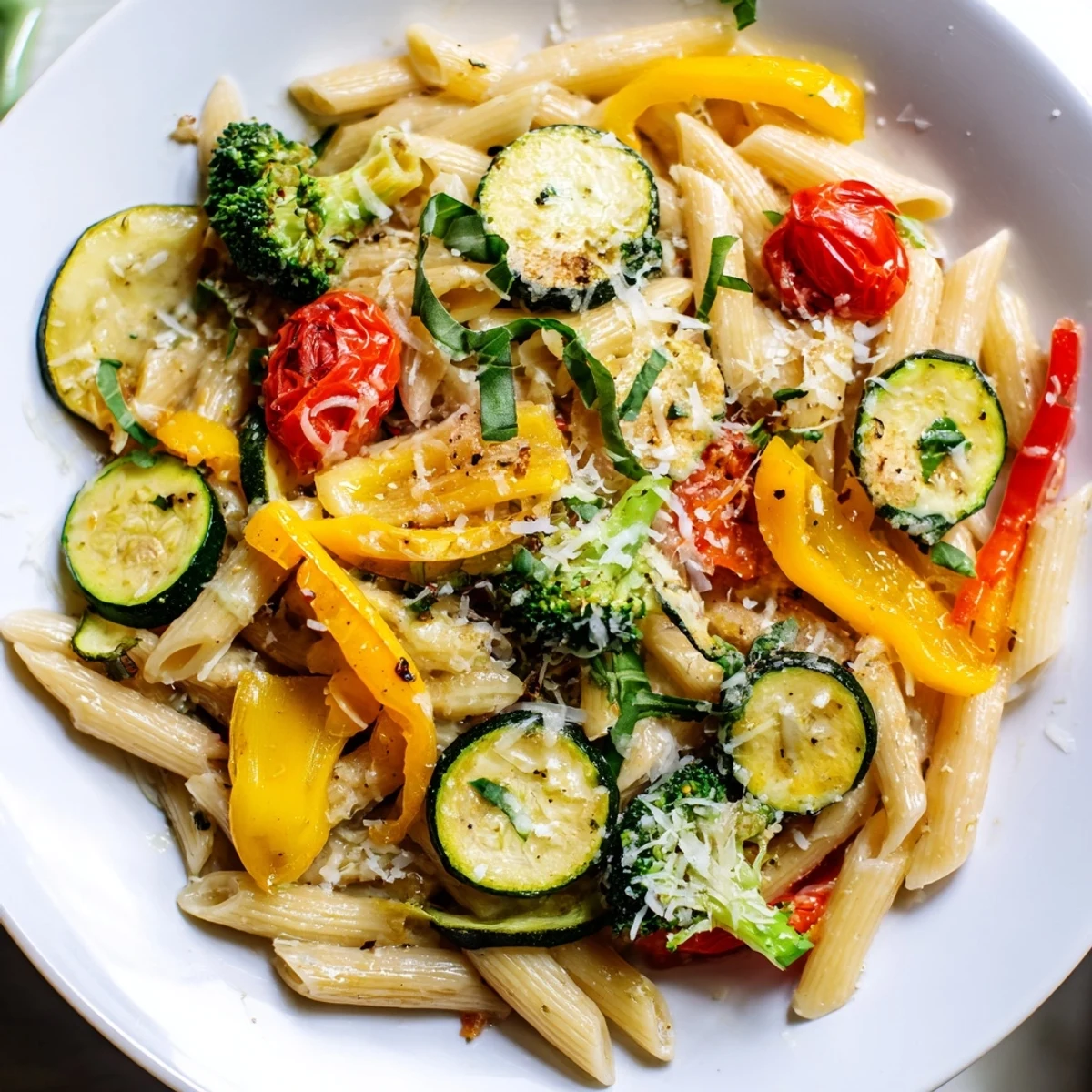 A close-up of freshly grated Parmesan cheese melting over the colorful pasta dish, served with a lemon wedge on the side for brightness.  
