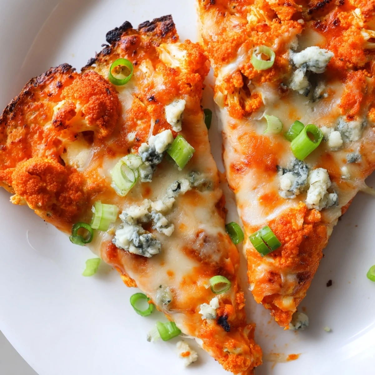 A close-up of a vegetarian Buffalo Cauliflower Pizza slice, revealing the tender cauliflower crust and tangy blue cheese crumbles under melty mozzarella.