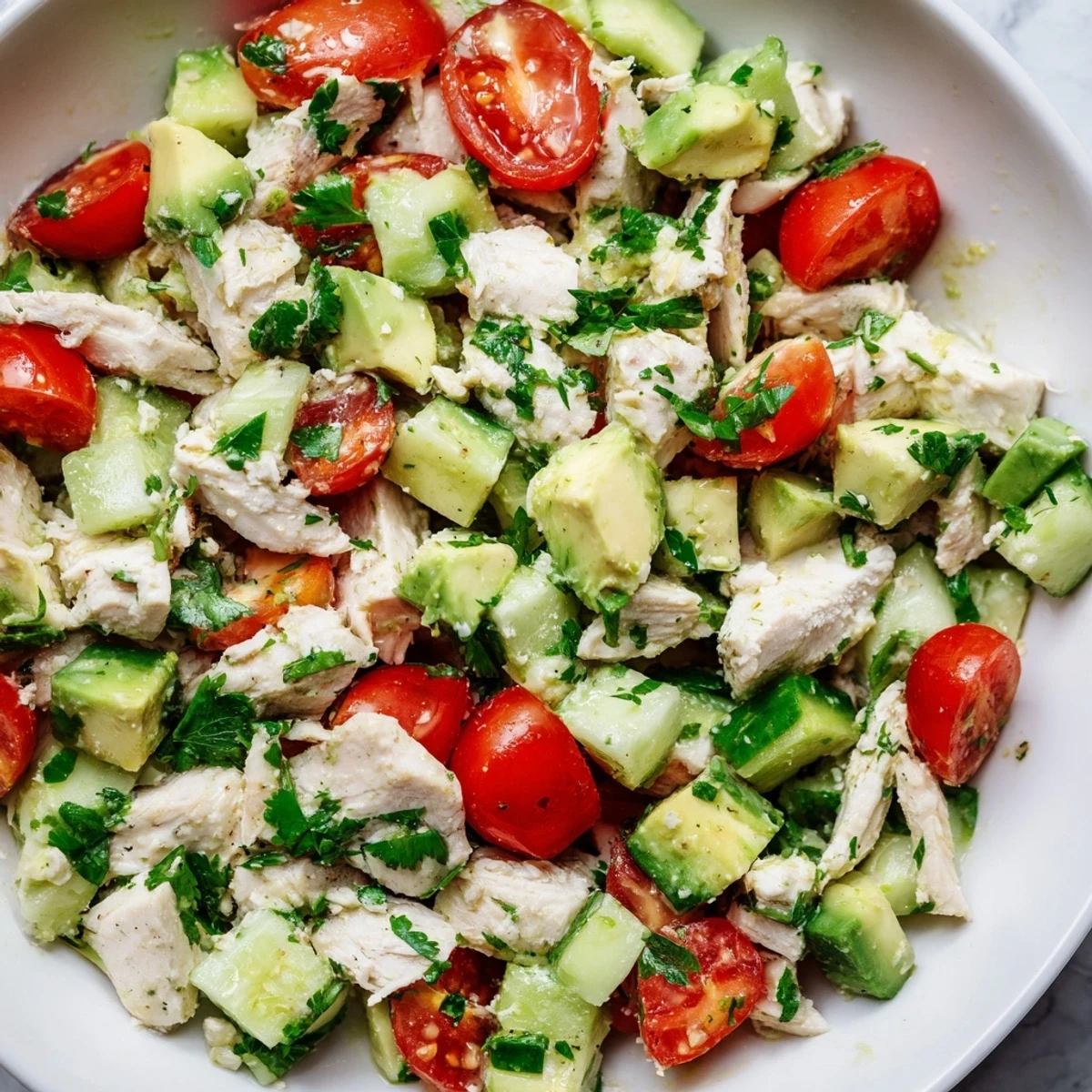 Freshly tossed Avocado Chicken Salad showcasing tender chicken cubes, avocado chunks, cucumber, red onion, and herbs with a light lime dressing.