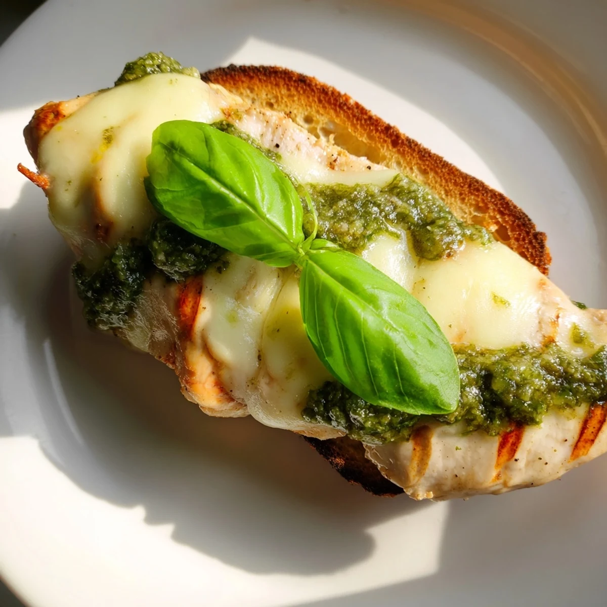 A warm Pesto Chicken Melt features golden ciabatta filled with herb-seasoned chicken, melted mozzarella, and fresh basil.