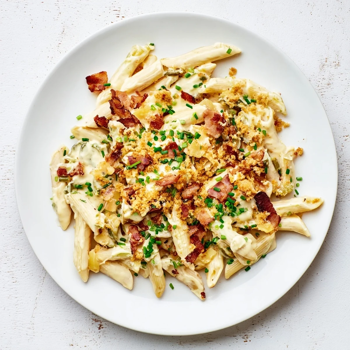 Jalapeño Popper Pasta served in a warm bowl, topped with toasted panko and fresh chives.