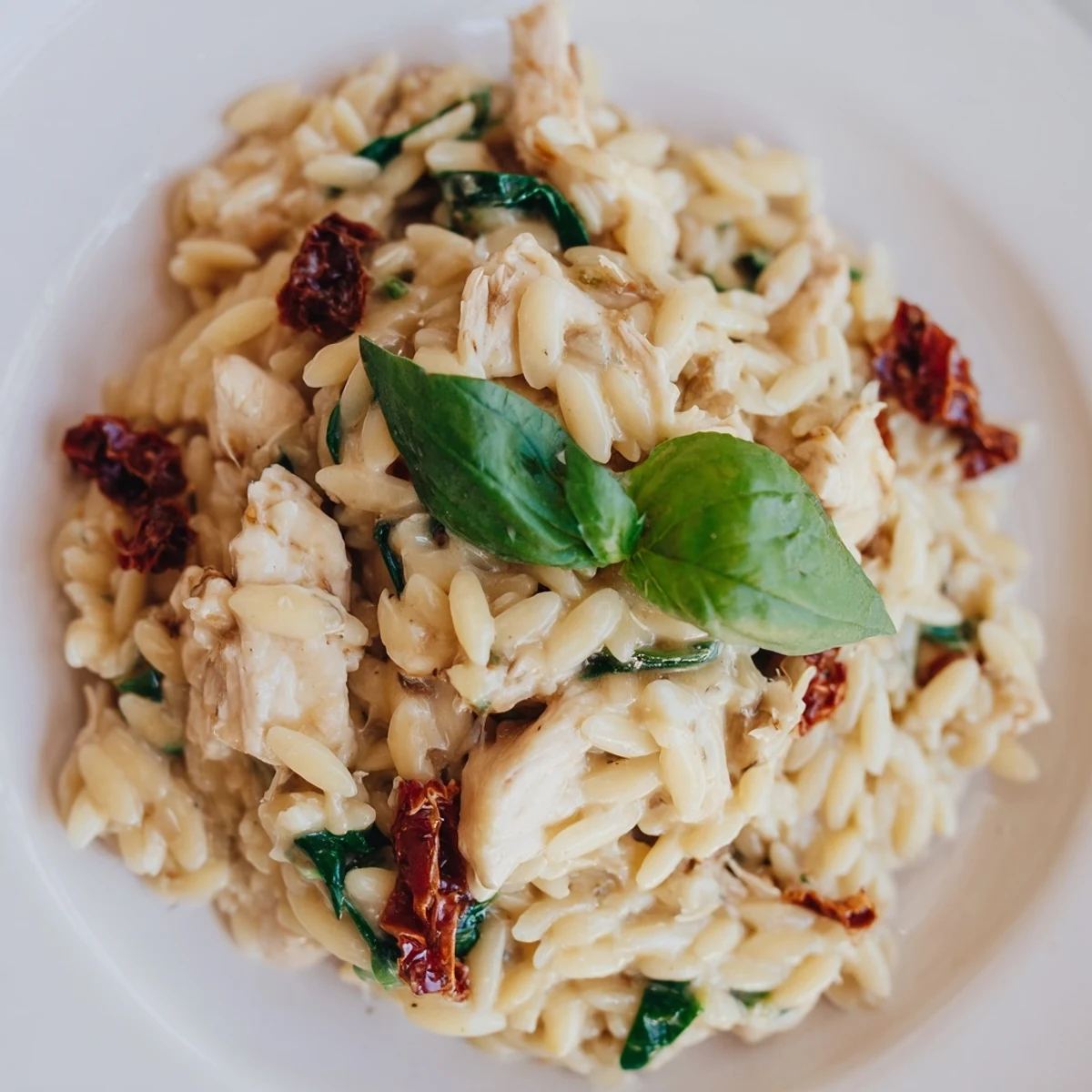 Steaming Tuscan Chicken Orzo reveals tender chicken pieces and bright sun-dried tomatoes in a creamy sauce.  