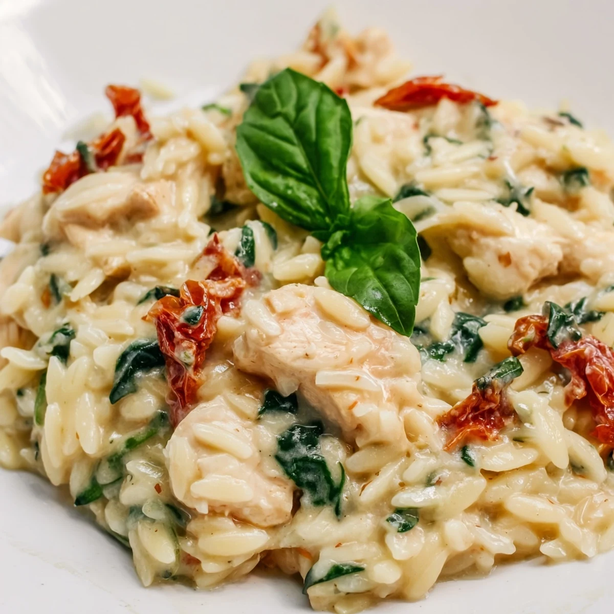 Golden chicken and orzo pasta simmer in a creamy sauce with spinach and sun-dried tomatoes.