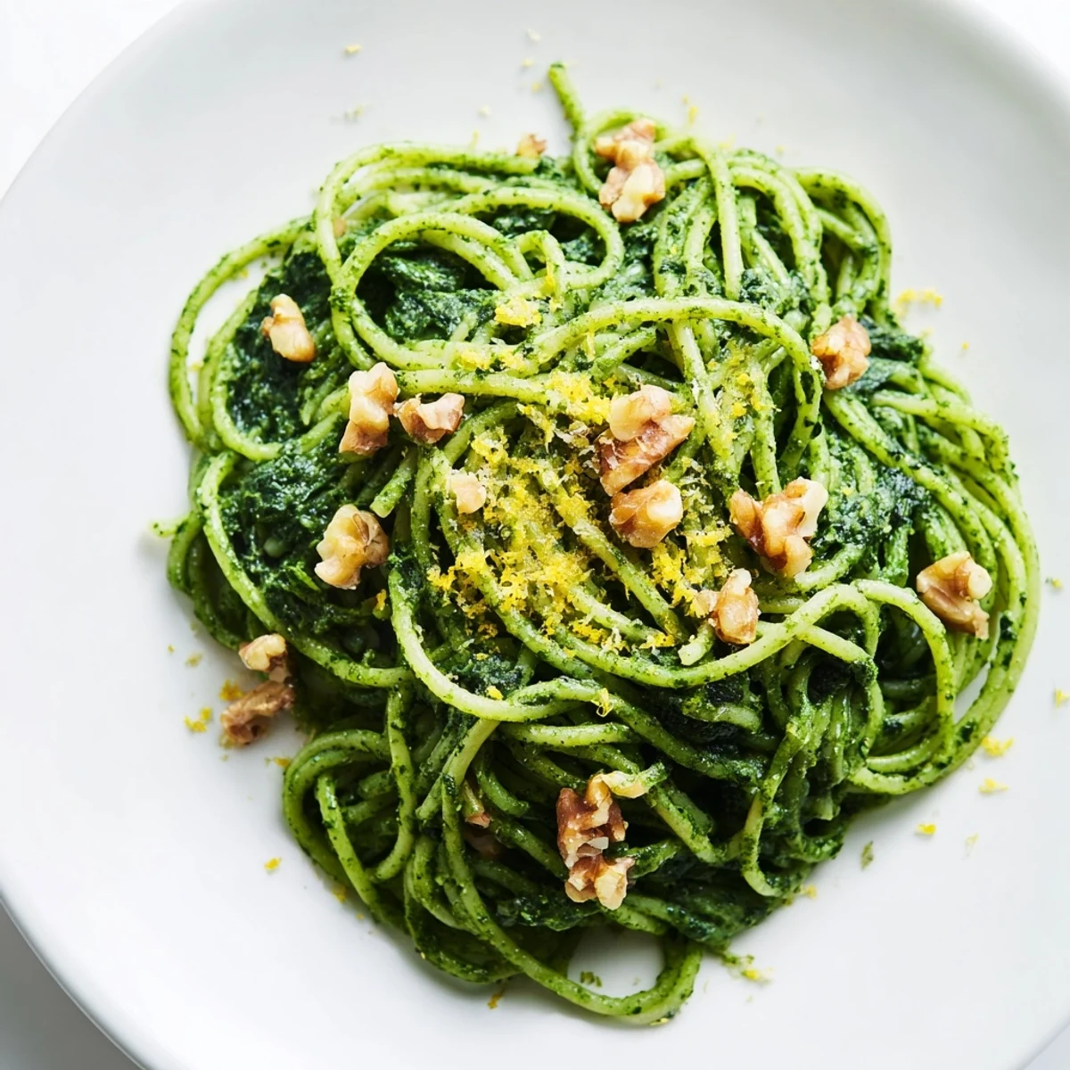 Creamy spinach walnut pasta served in a white bowl, topped with extra toasted walnuts, black pepper, and lemon zest for a vibrant finish.