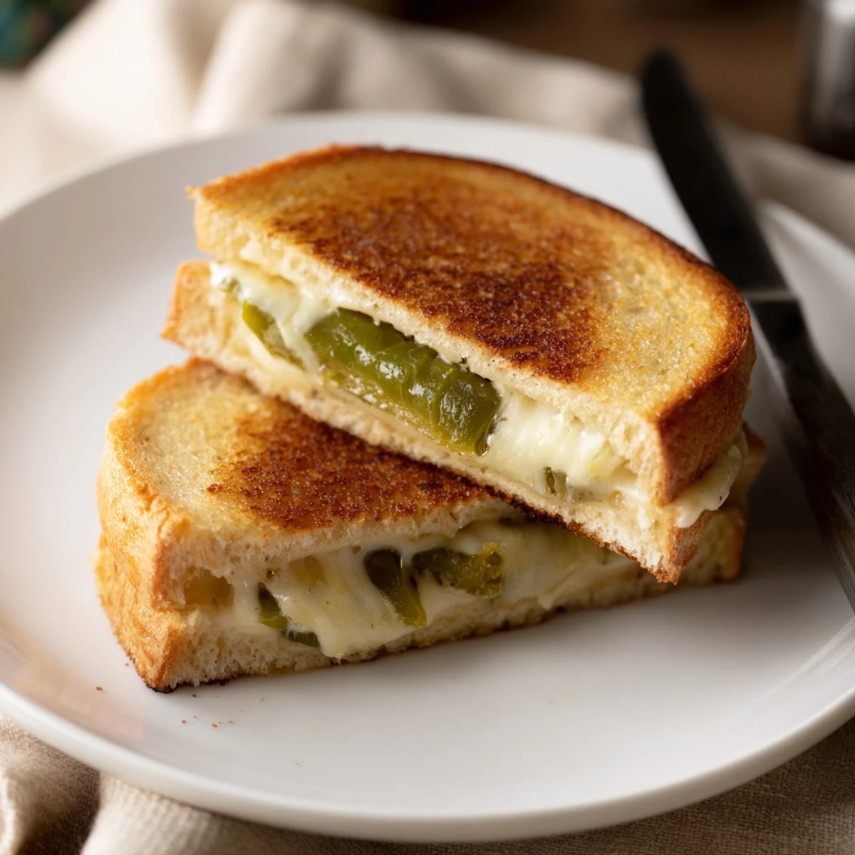 Ooey-gooey Jalapeño Pepper Jack Grilled Cheese cooking in a skillet, steaming with buttery sourdough and spicy peppers.