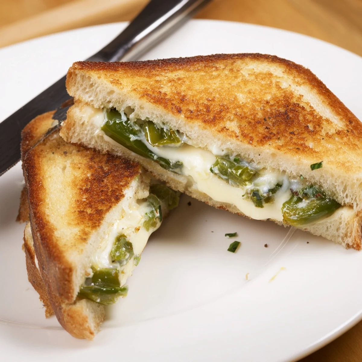 Two halves of a Jalapeño Pepper Jack Grilled Cheese sandwich stacked, served beside a bowl of creamy tomato soup.