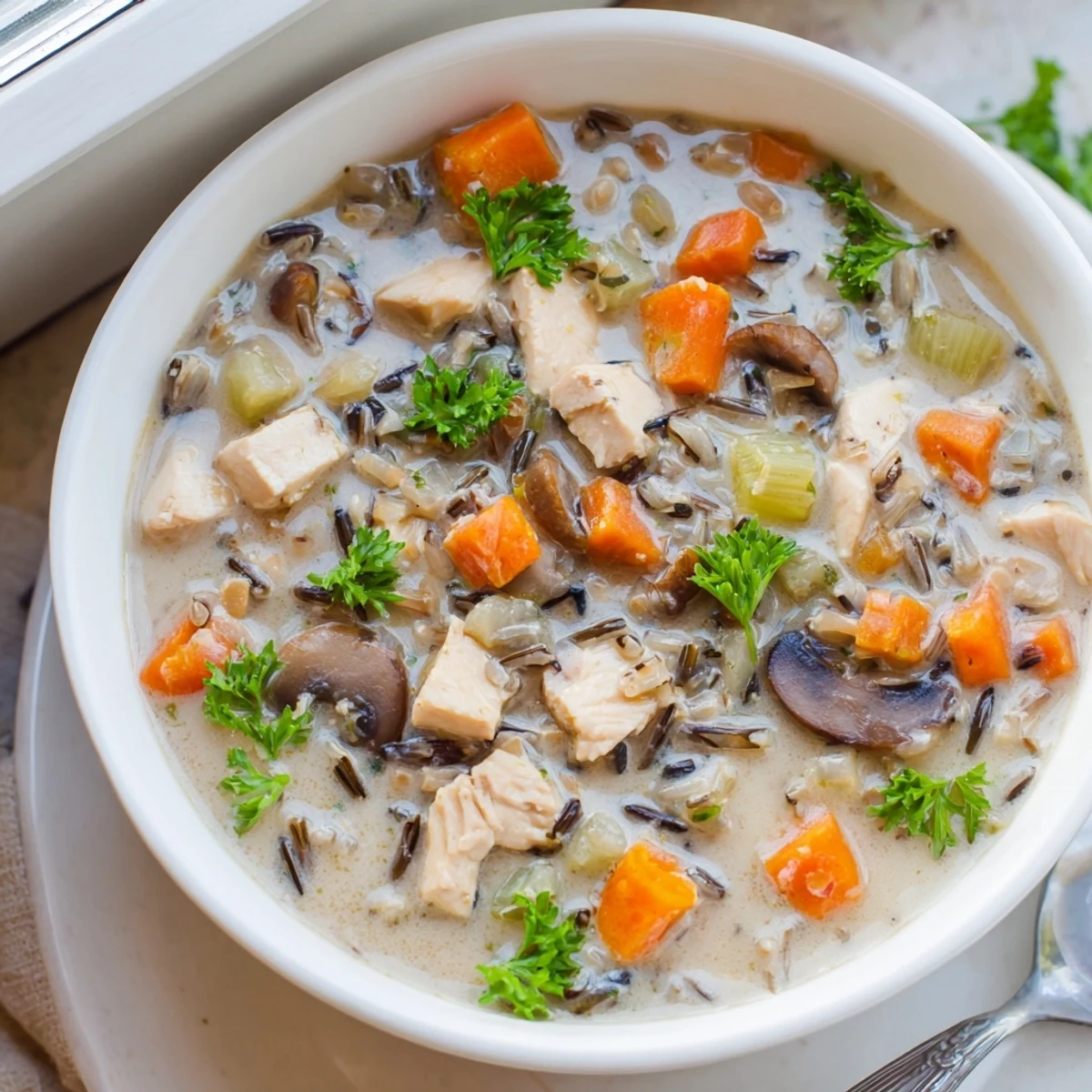 Savory parmesan mushroom chicken wild rice soup, garnished with fresh parsley and cheese.