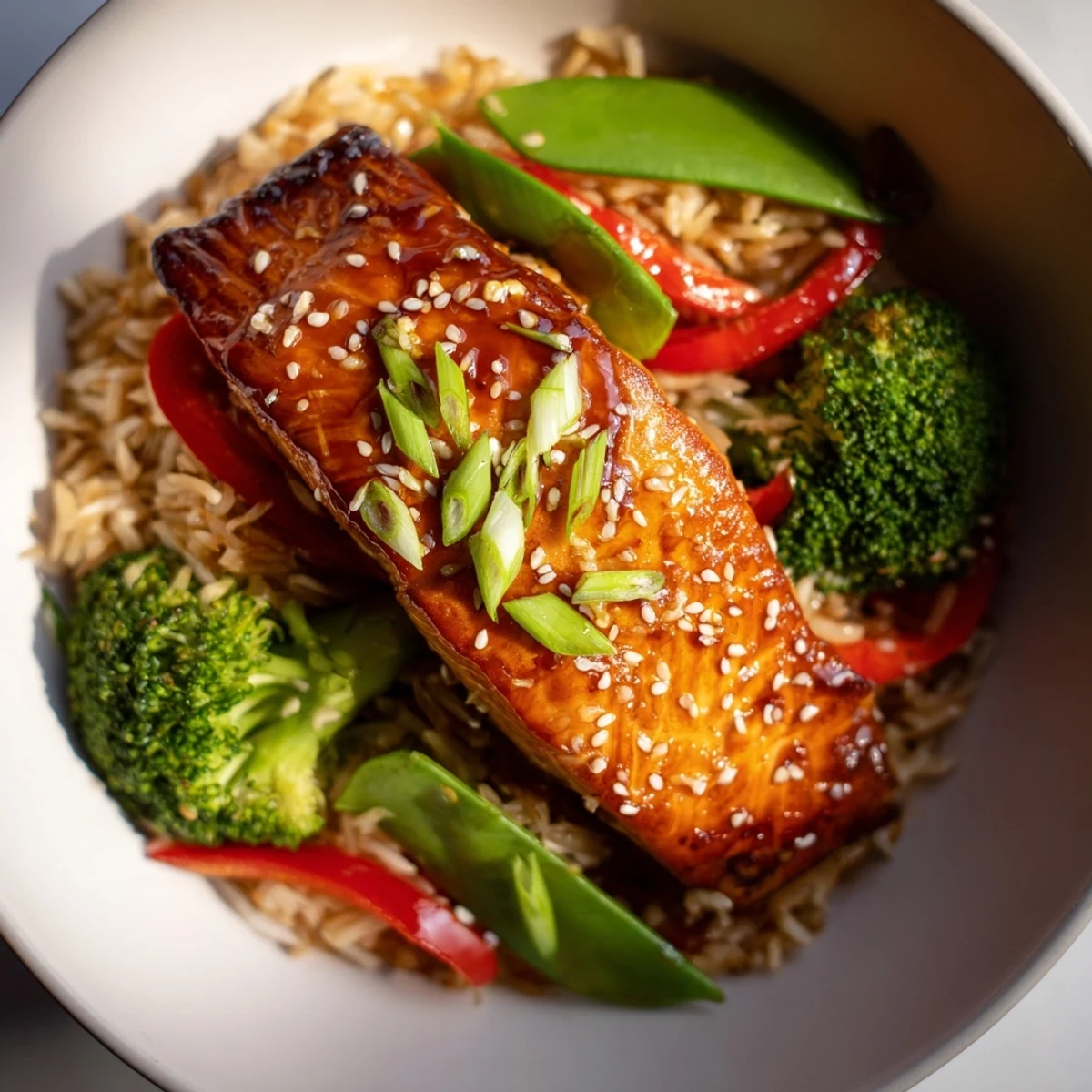 Glossy Maple Soy Glazed Salmon fillets rest on fluffy rice with crisp broccoli and snap peas.  