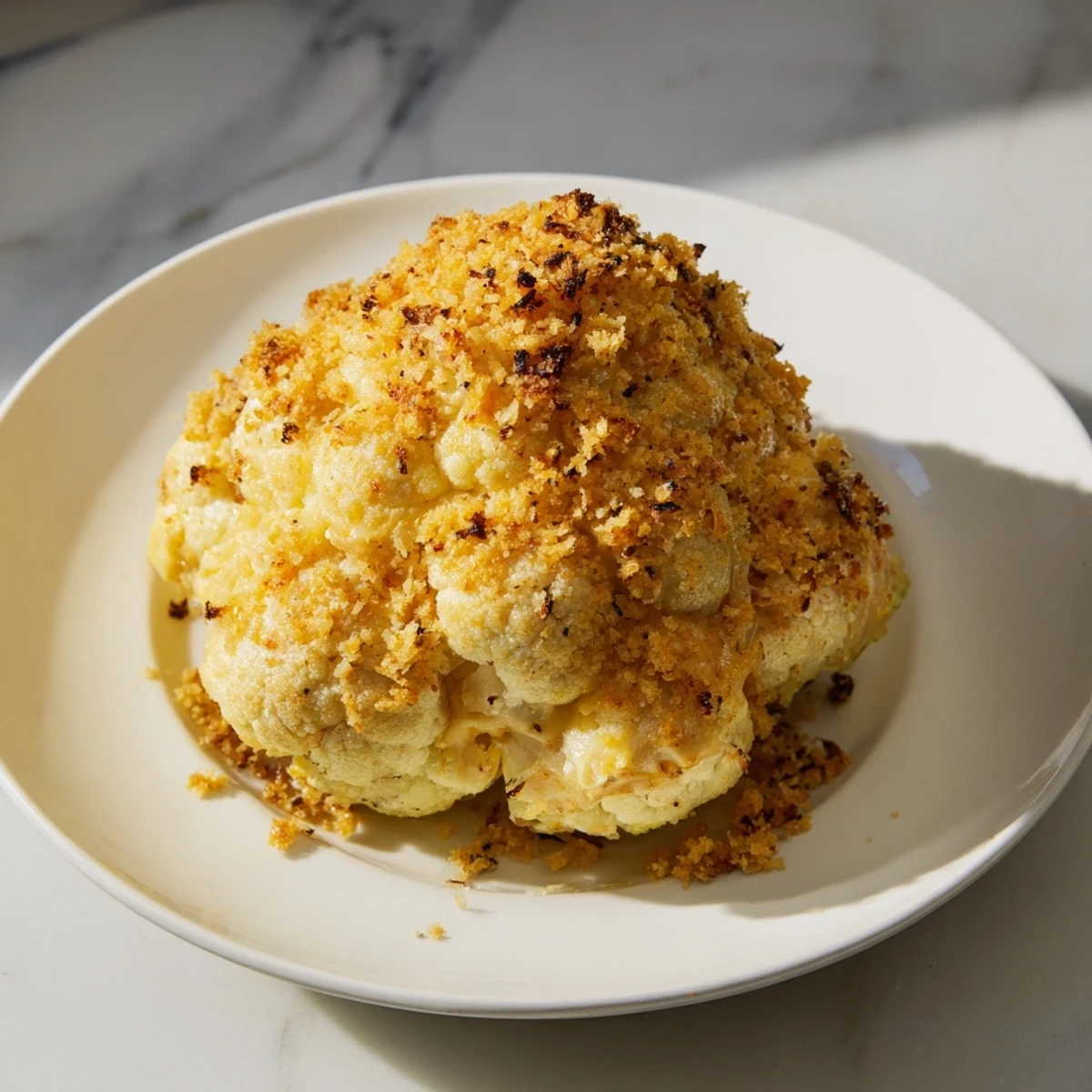Whole roasted Cheesy Stuffed Cauliflower Head bubbling with golden, melted cheese filling, served as a vibrant vegetarian main dish.  