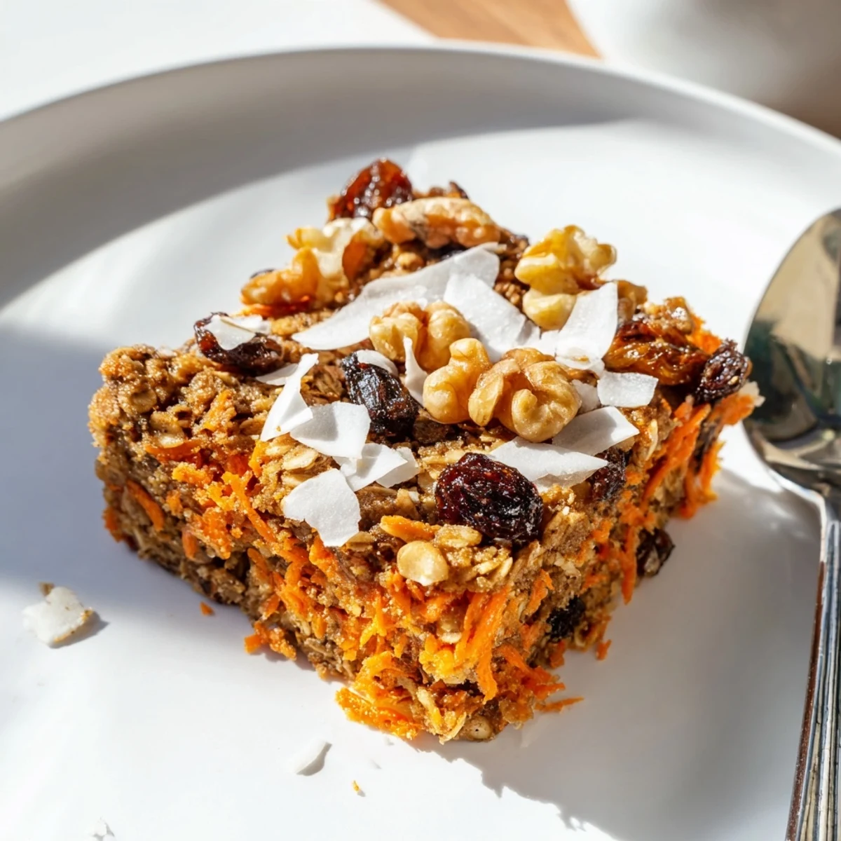 Freshly baked Carrot Cake Baked Oatmeal served warm with a dollop of creamy Greek yogurt.  