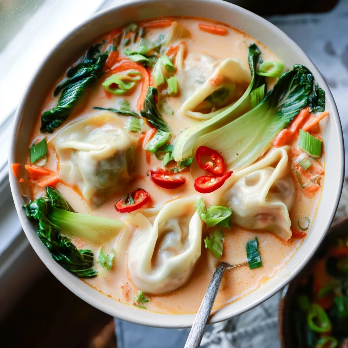 Easy homemade Red Curry Wonton Soup served spicy with chili and cilantro garnish.