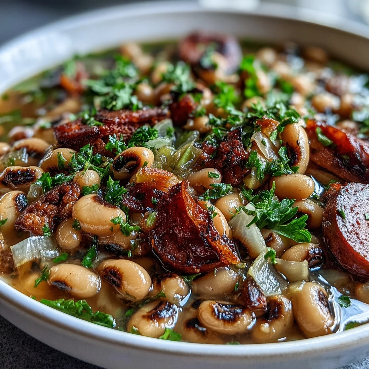 A warm bowl of Southern-Style Black-Eyed Peas simmered with smoky sausage and fresh parsley, served over fluffy white rice.  