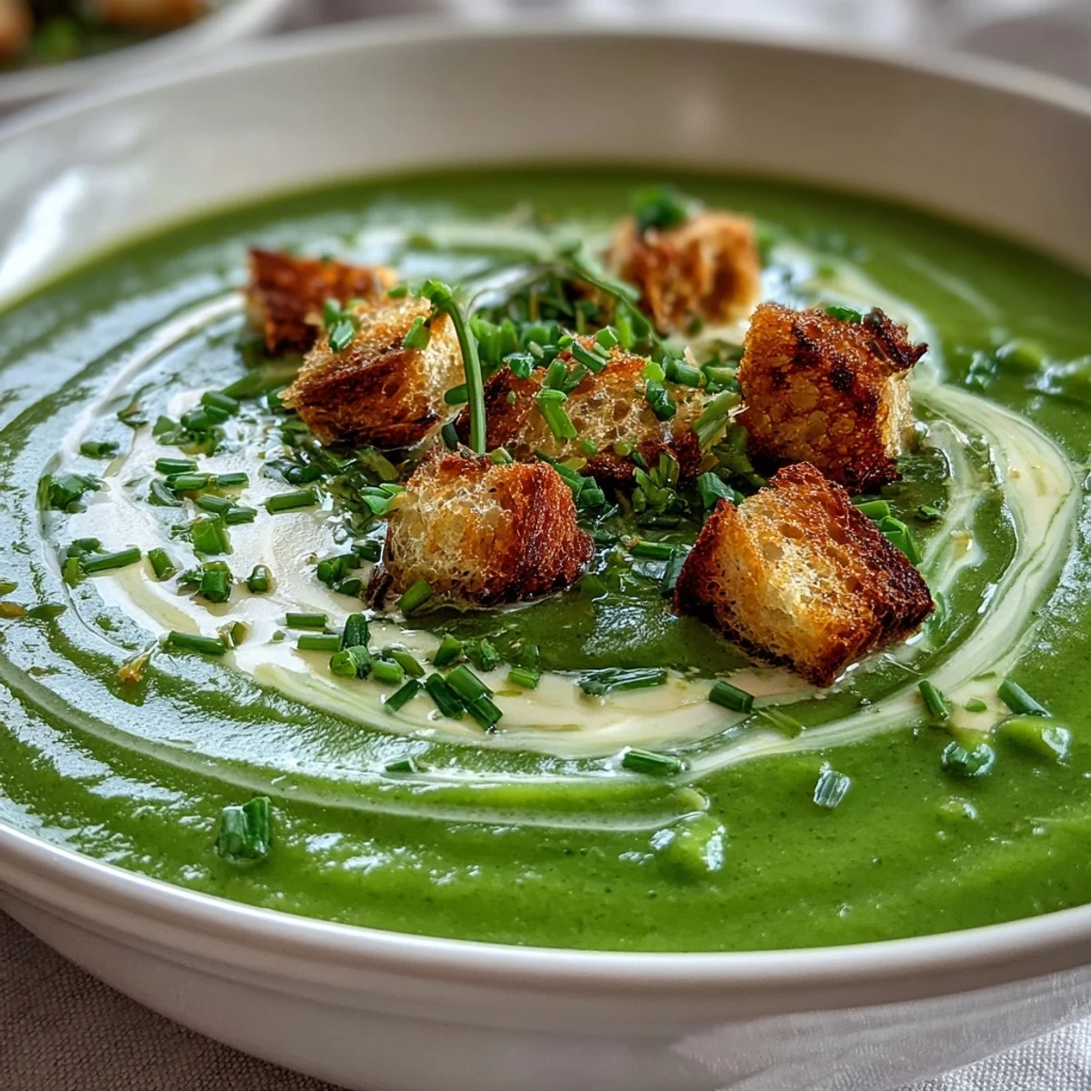 Rich Cream of Broccoli Soup steaming in a white ceramic bowl, ready to enjoy with a spoon.