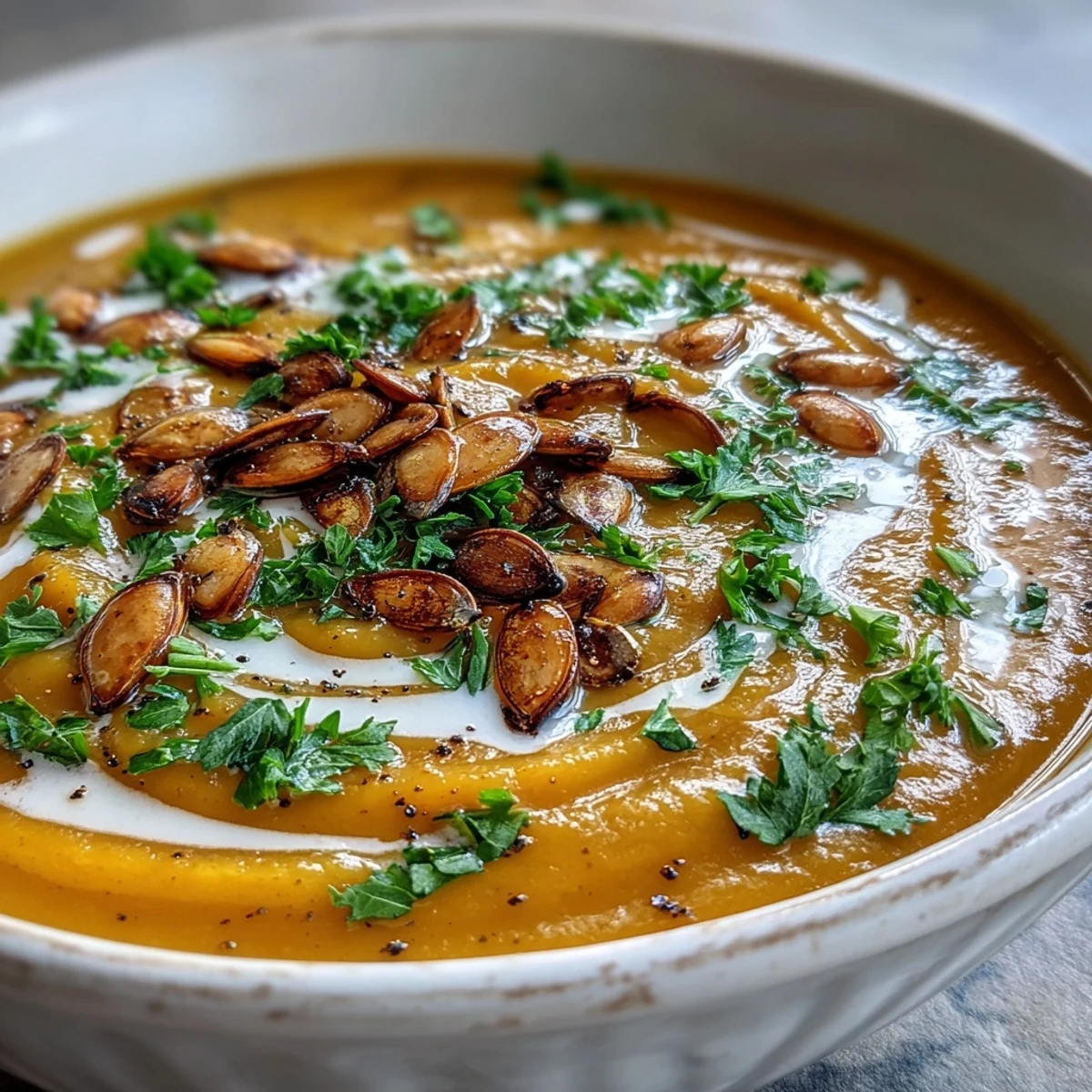Vibrant roasted broccoli florets and caramelized squash cubes blended into a smooth, creamy Roasted Broccoli and Butternut Squash Soup in a pot.