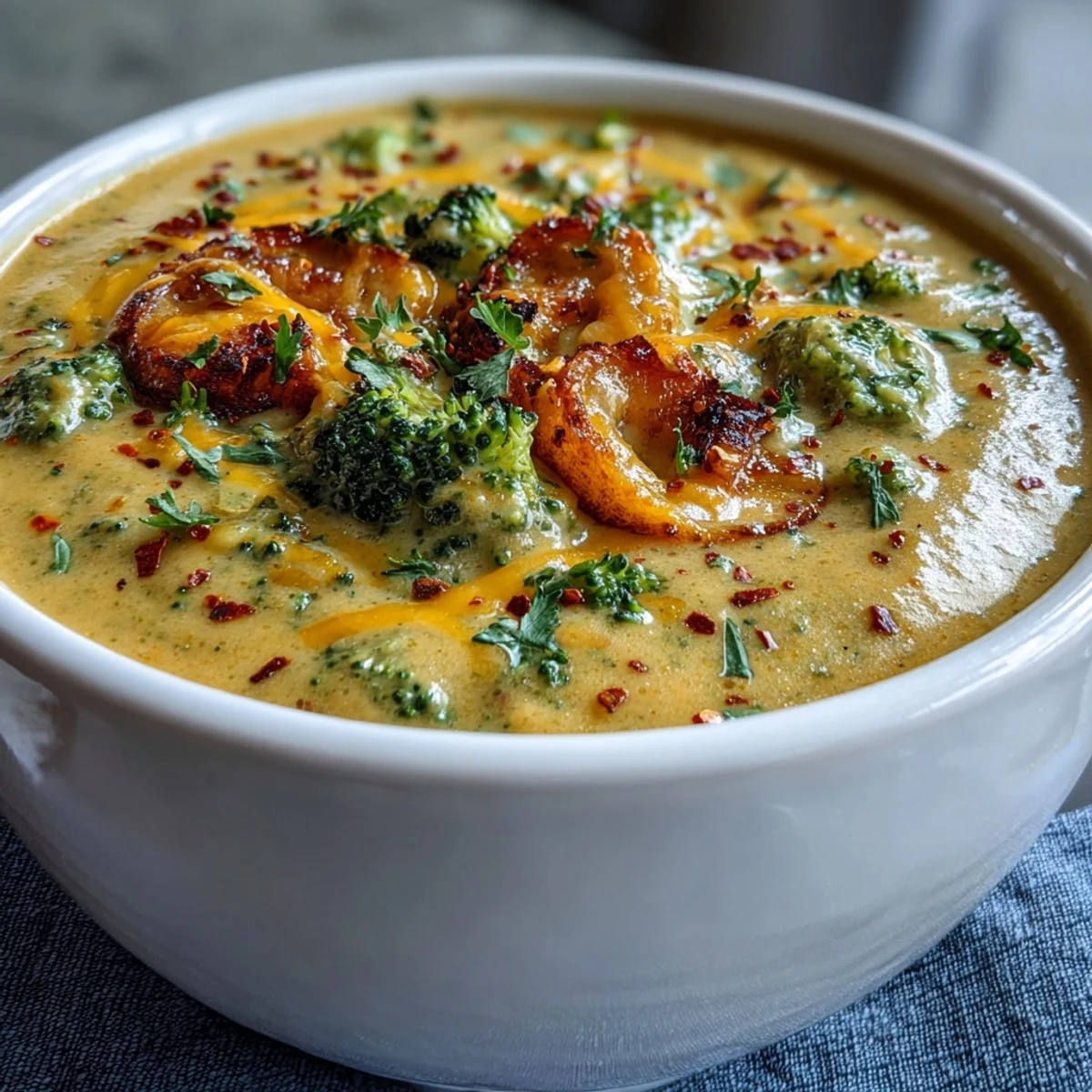 Golden-orange roasted butternut squash and green broccoli florets simmer in a pot for this creamy cheddar soup.