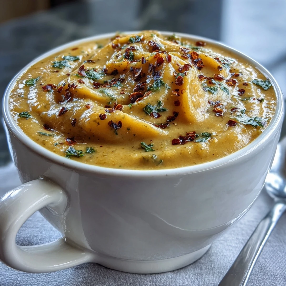 Creamy butternut squash broccoli cheddar soup is garnished with extra sharp cheddar and fresh herbs.