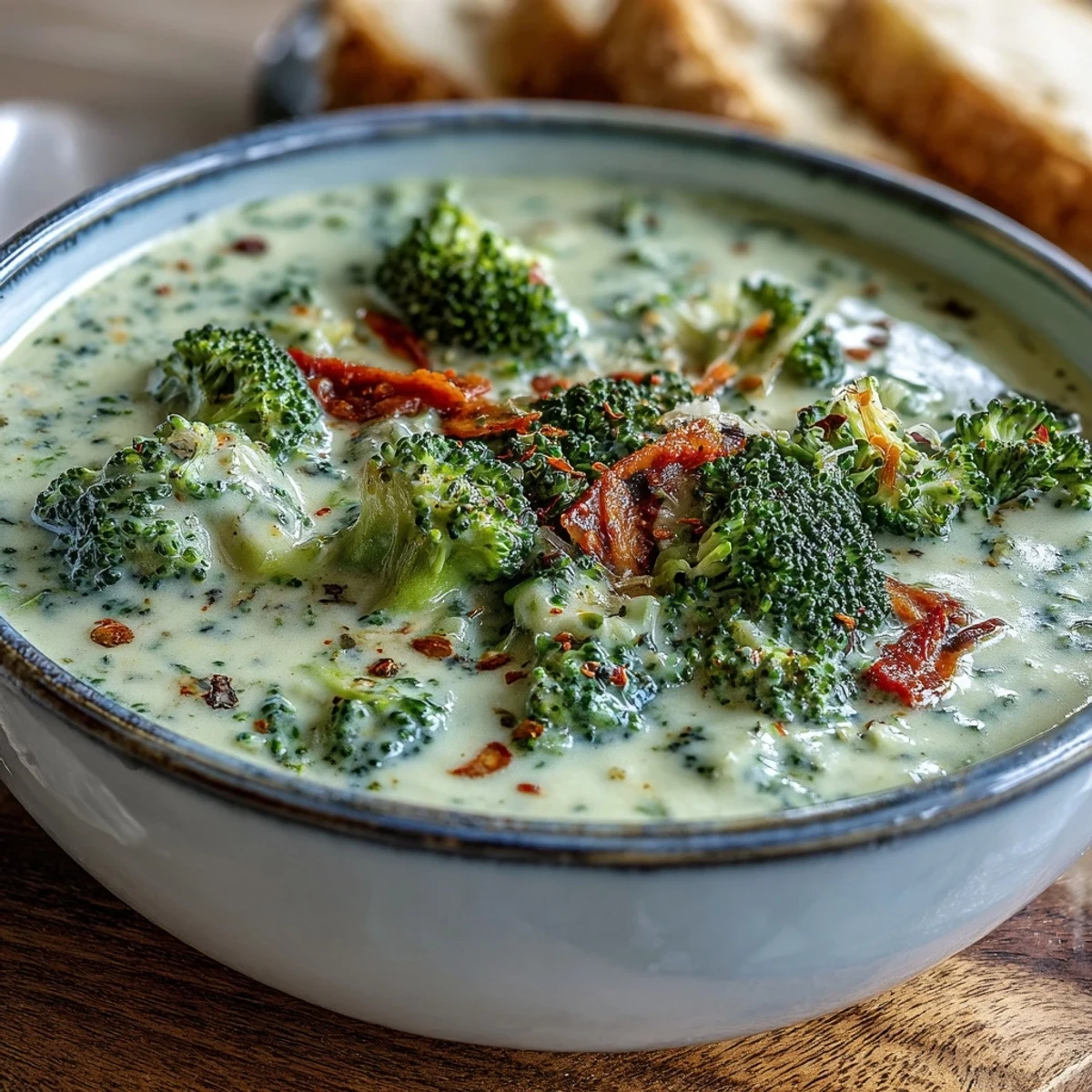 Steaming bowl of homemade broccoli cheddar soup with a rich, cheesy texture and bright green florets.
