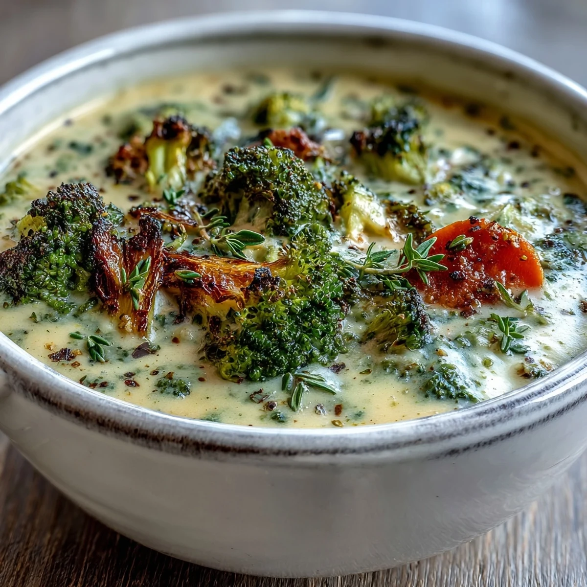 Golden roasted broccoli florets topping a steaming bowl of Roasted Broccoli Cheddar Soup with shredded cheddar.