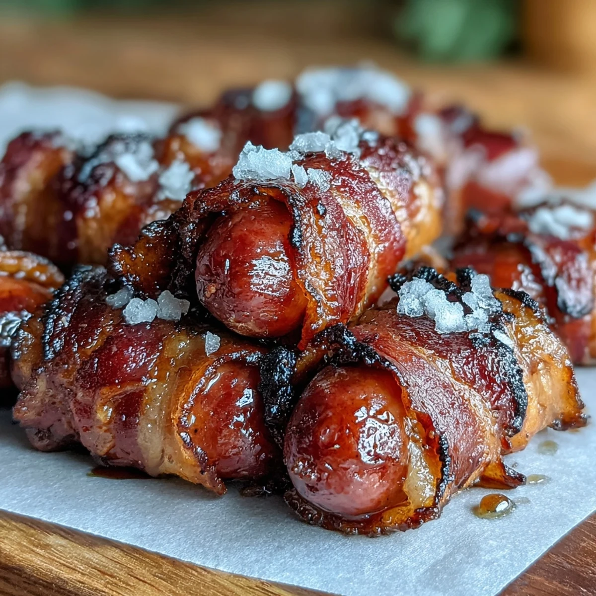 Golden-brown Bacon-Wrapped Smokies fresh from the oven, glistening with a sweet, sticky caramelized glaze.