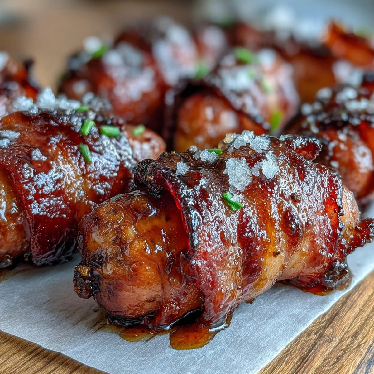 Crispy, toothpick-ready Bacon-Wrapped Smokies served warm on a rustic platter, perfect for game day.