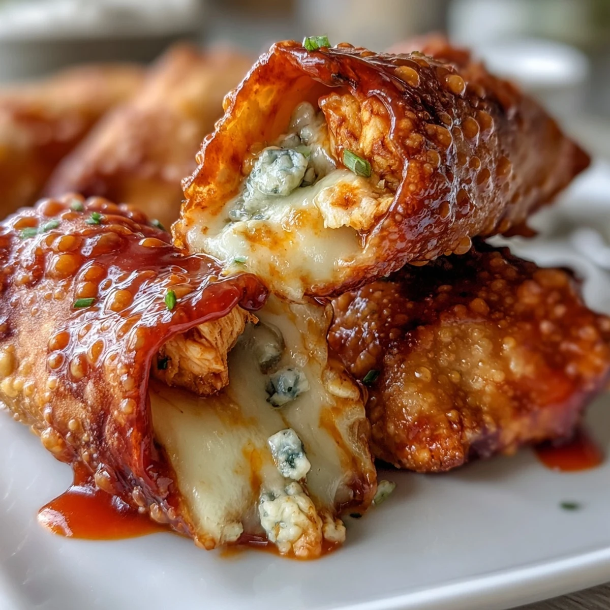 Golden-brown Buffalo Chicken Egg Rolls stacked high on a platter with a side of creamy ranch dip.