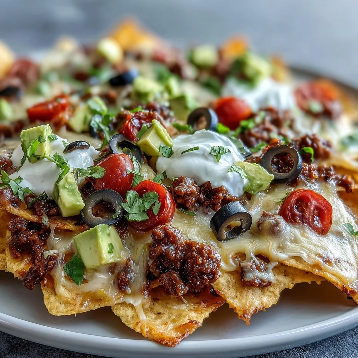 Golden, bubbly cheese blankets crispy tortilla chips layered with savory beef and fresh toppings on Baked Nachos.