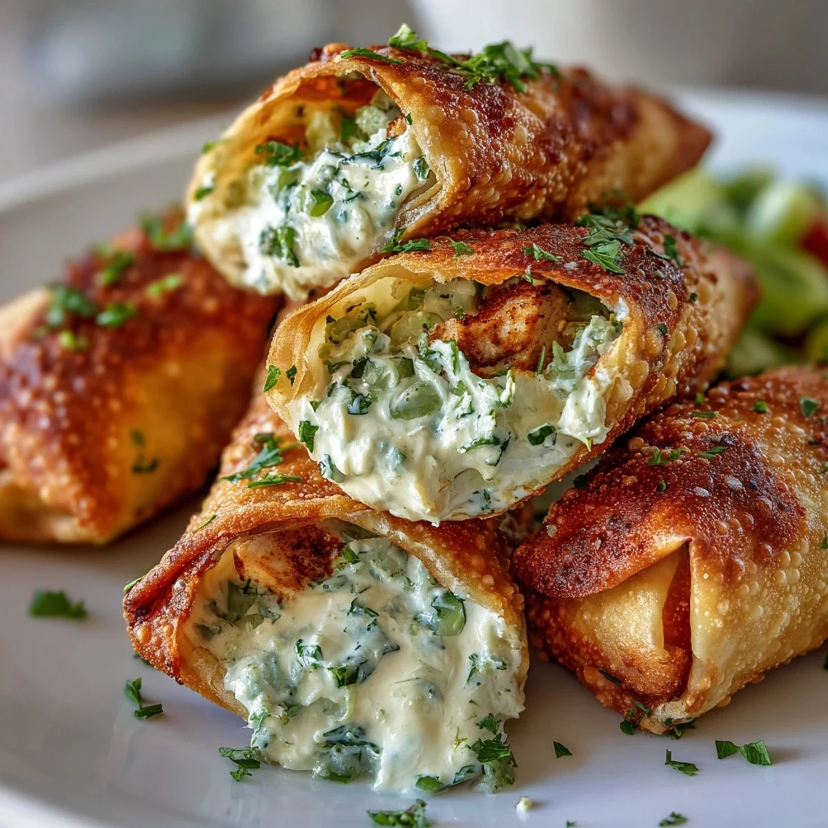 Golden-brown Mini Chicken Chimis with Jalapeño Cream Cheese are served warm, stacked on a platter with green enchilada sauce for dipping. 