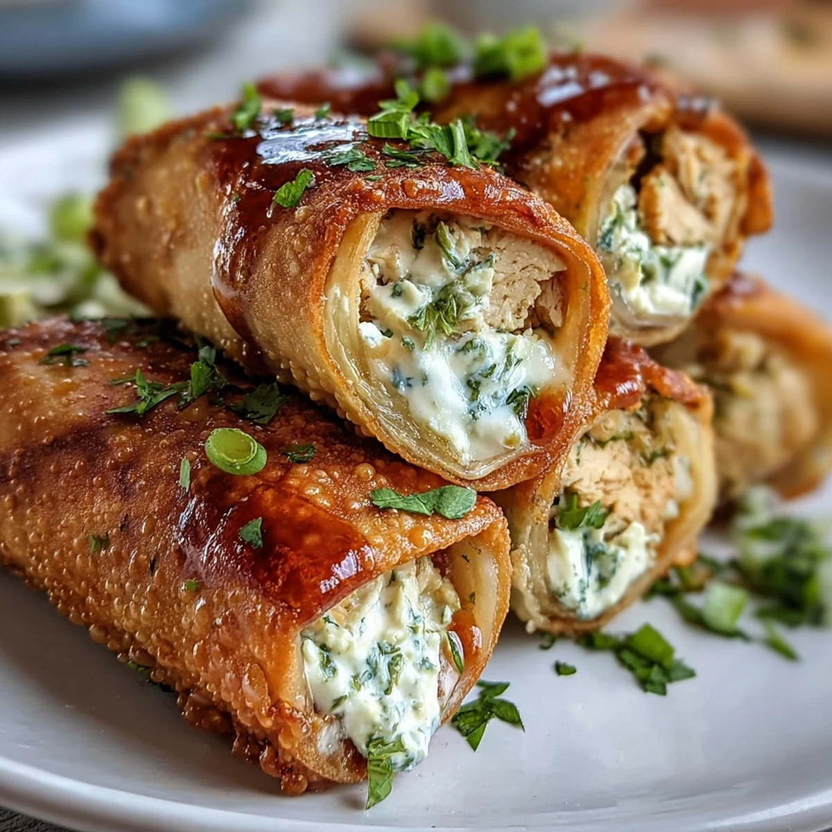 A hand dips a crispy Mini Chicken Chimis with Jalapeño Cream Cheese into a small bowl of creamy spicy sauce. 
