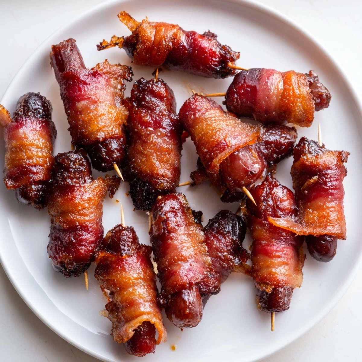 Crispy bacon wraps tender smokies in this image of 3-Ingredient Bacon-Wrapped Smokies, glistening with caramelized sugar.