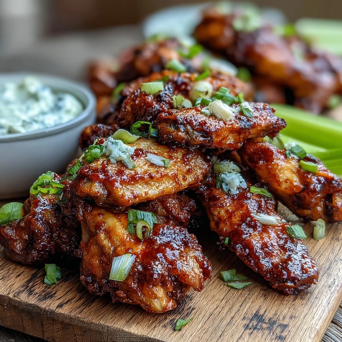 Golden-brown, extra crispy fried chicken wings stacked on a platter with celery sticks, ready for dipping in Buffalo sauce. 