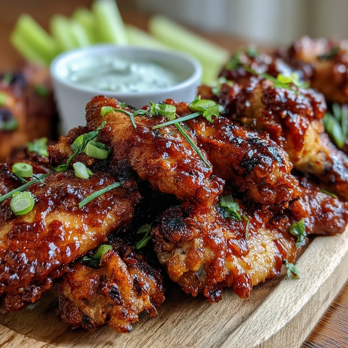 Juicy fried chicken wings tossed in smoky BBQ sauce, arranged on parchment paper with blue cheese dip and celery.
