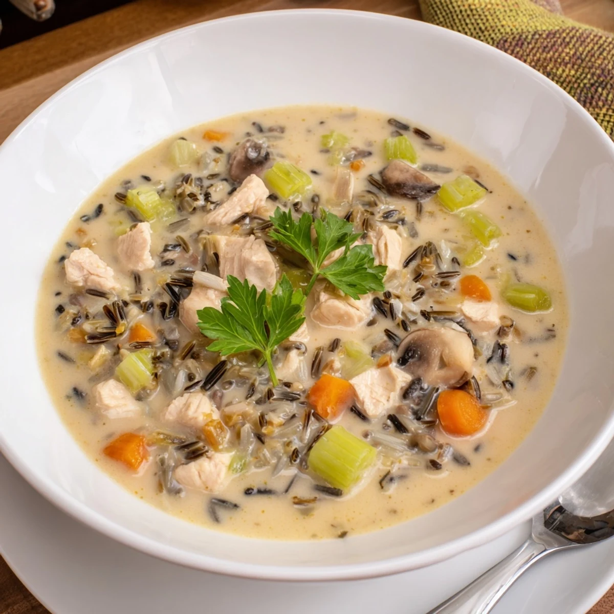 Creamy parmesan mushroom chicken wild rice soup, a comforting bowl perfect for dinner.