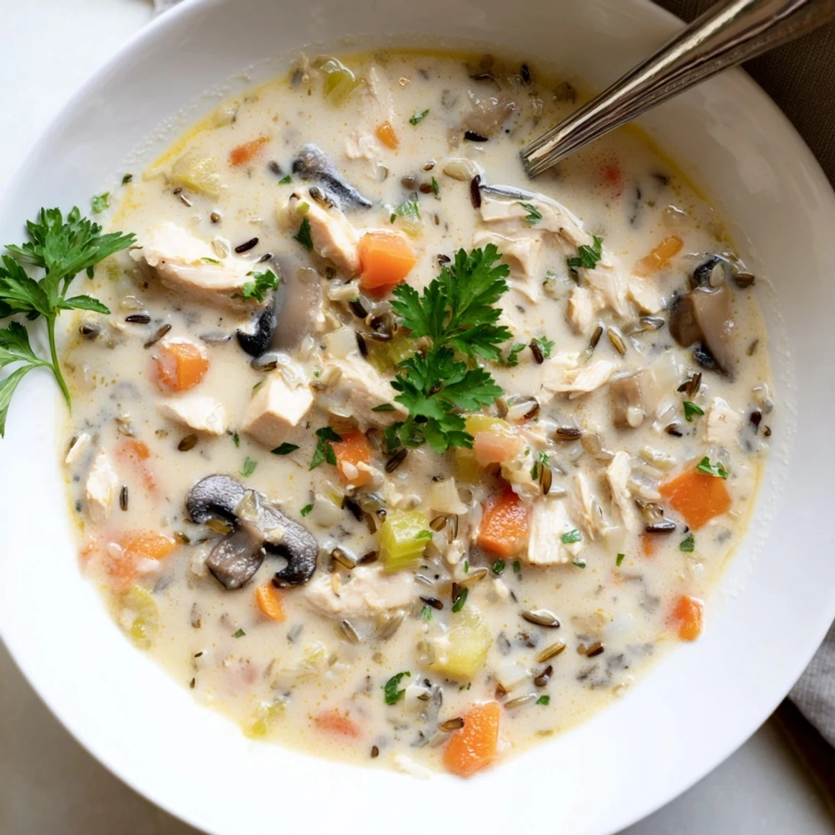 Hearty parmesan mushroom chicken wild rice soup with tender chicken and fluffy rice.