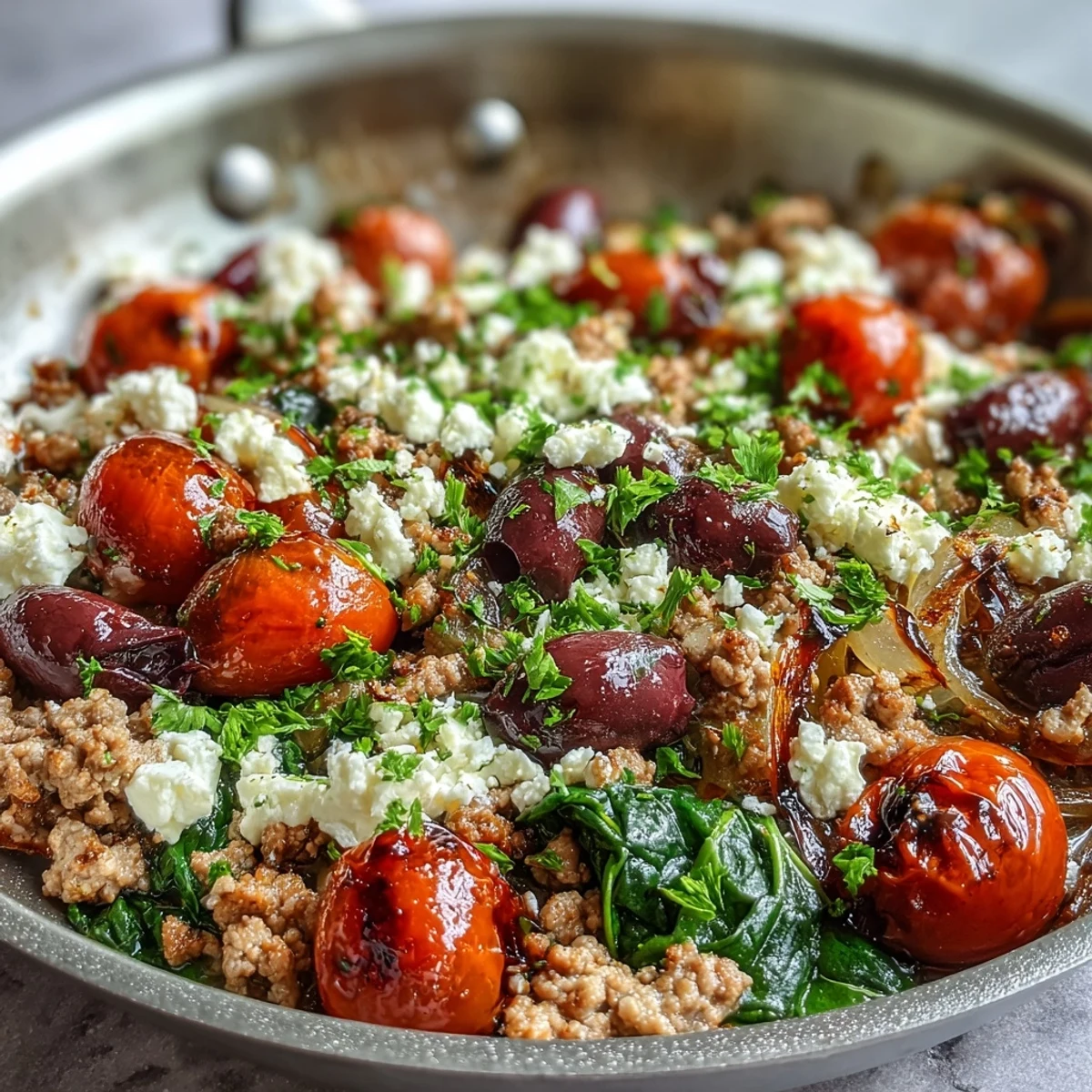 A close-up of Mediterranean Keto Ground Chicken Skillet with Olives and Feta in a rustic cast-iron pan.