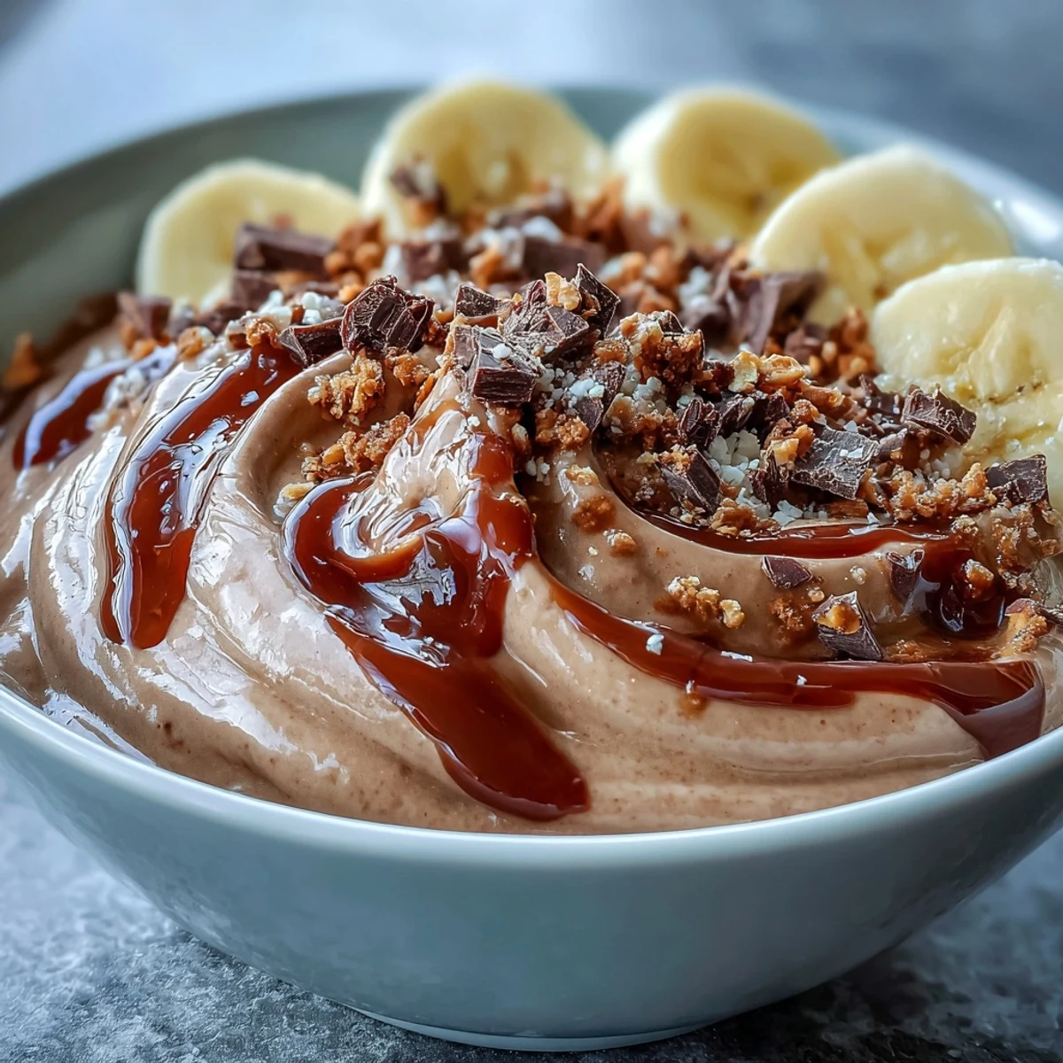 Decadent chocolate peanut butter smoothie bowl served in a rustic bowl, featuring a rich cocoa base and a drizzle of peanut butter on top.