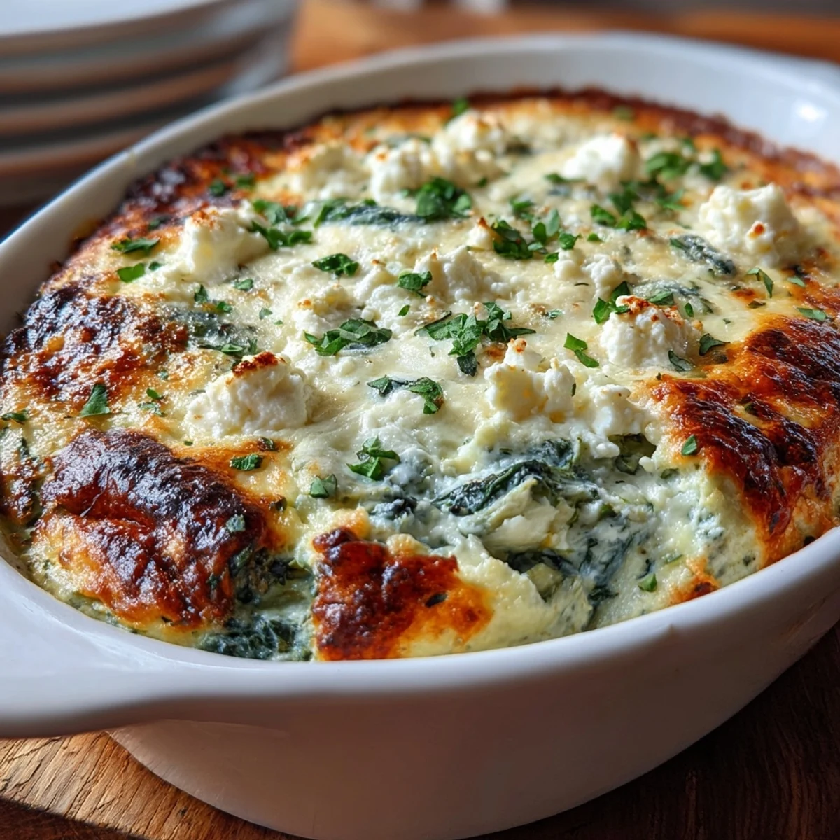 Slice of creamy High Protein Spinach Artichoke Bake on a plate, showing tender spinach and artichoke pieces mixed in.