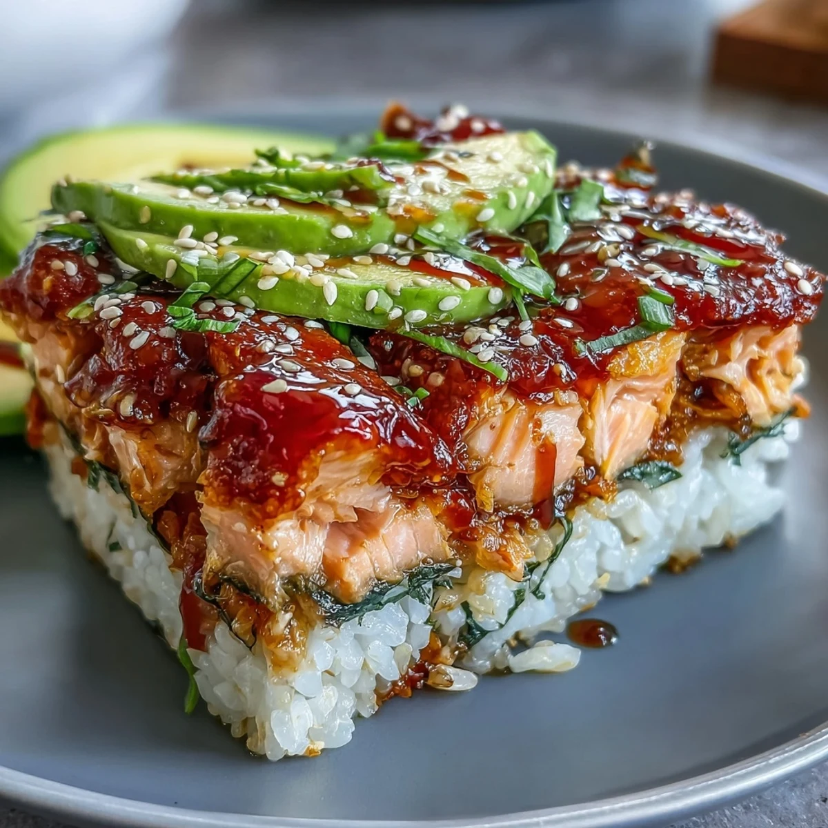 A generous scoop of warm Spicy Salmon Sushi Bake on a seaweed sheet, garnished with sesame seeds and green onions.