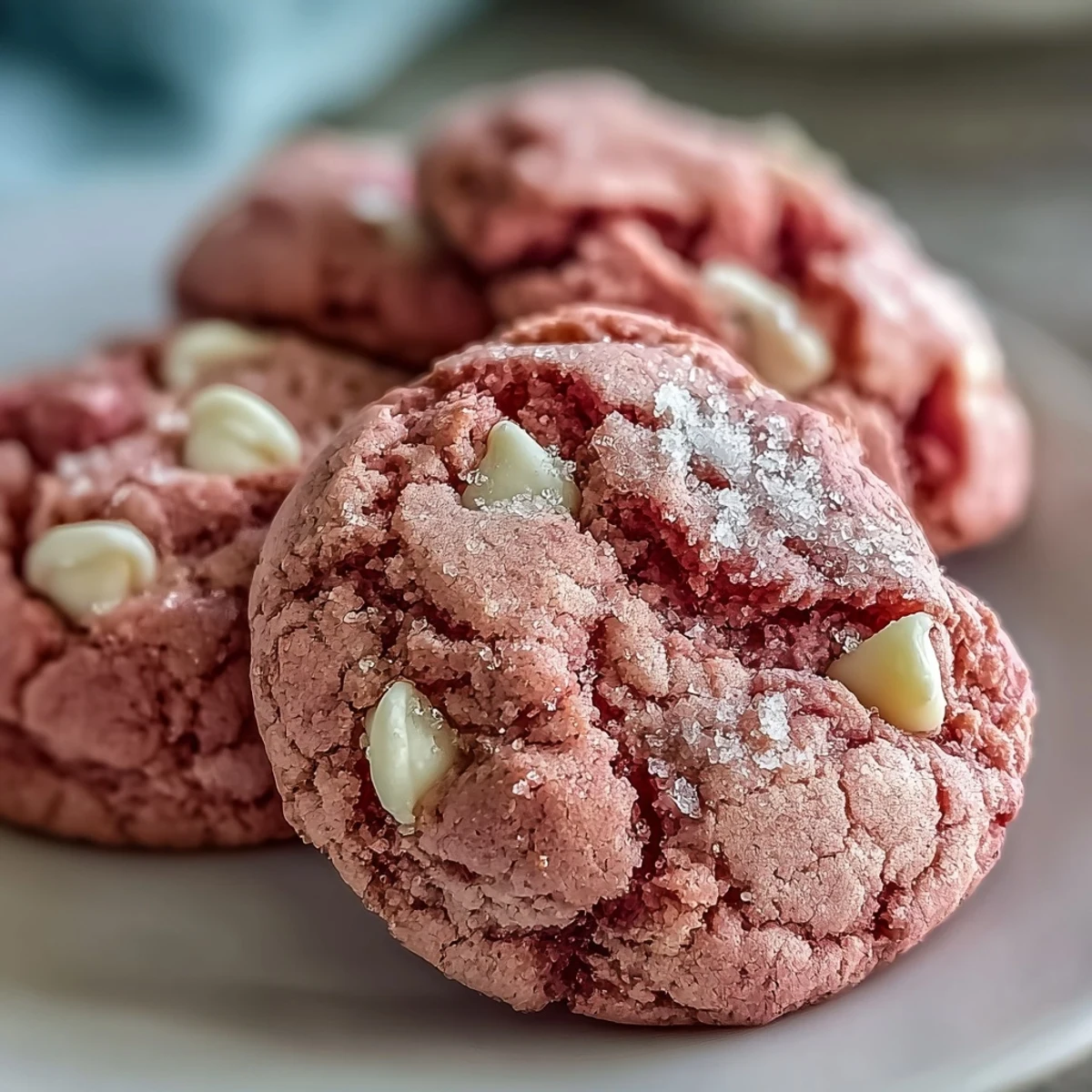 A plate of freshly baked Pink Velvet Cookies with soft centers and visible white chocolate chips.