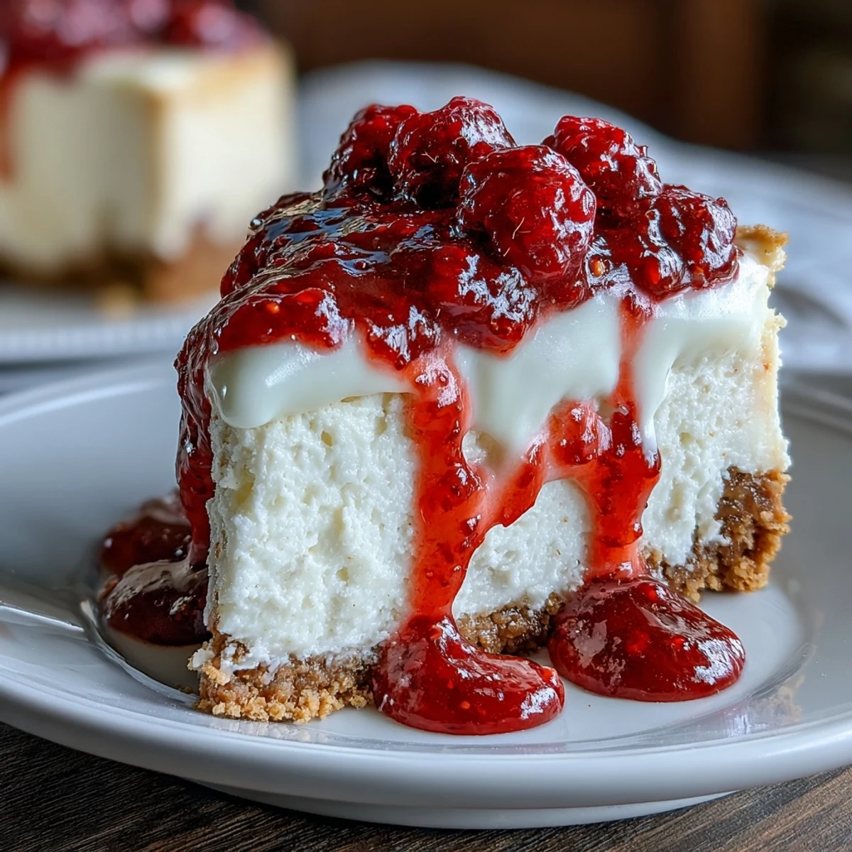 A whole Indulgent White Chocolate Raspberry Cheesecake Bliss on a wooden board, featuring a buttery graham cracker crust and glossy white chocolate topping.  