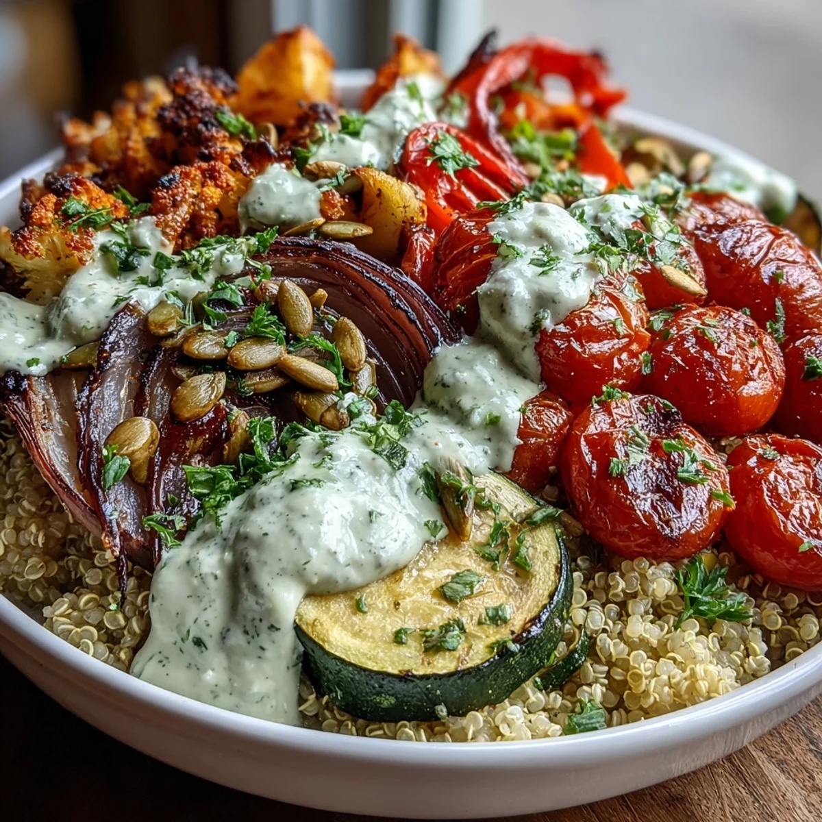 Sheet pan roasted vegetables and fluffy quinoa topped with creamy tahini sauce in a Roasted Vegetable Quinoa Bowl.