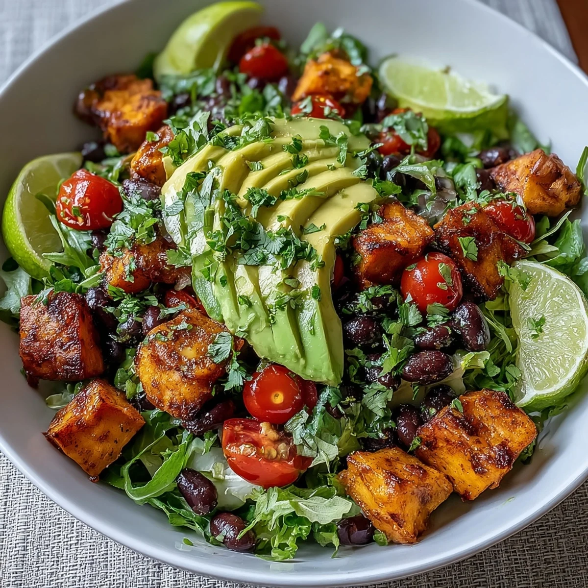 Roasted Sweet Potato and Black Bean Bowl topped with avocado, tomatoes, and zesty lime dressing.