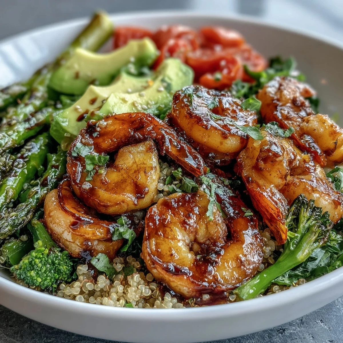 Freshly blanched broccoli and asparagus brighten this Rainbow Vegetable Detox Bowl topped with juicy shrimp and creamy avocado slices.