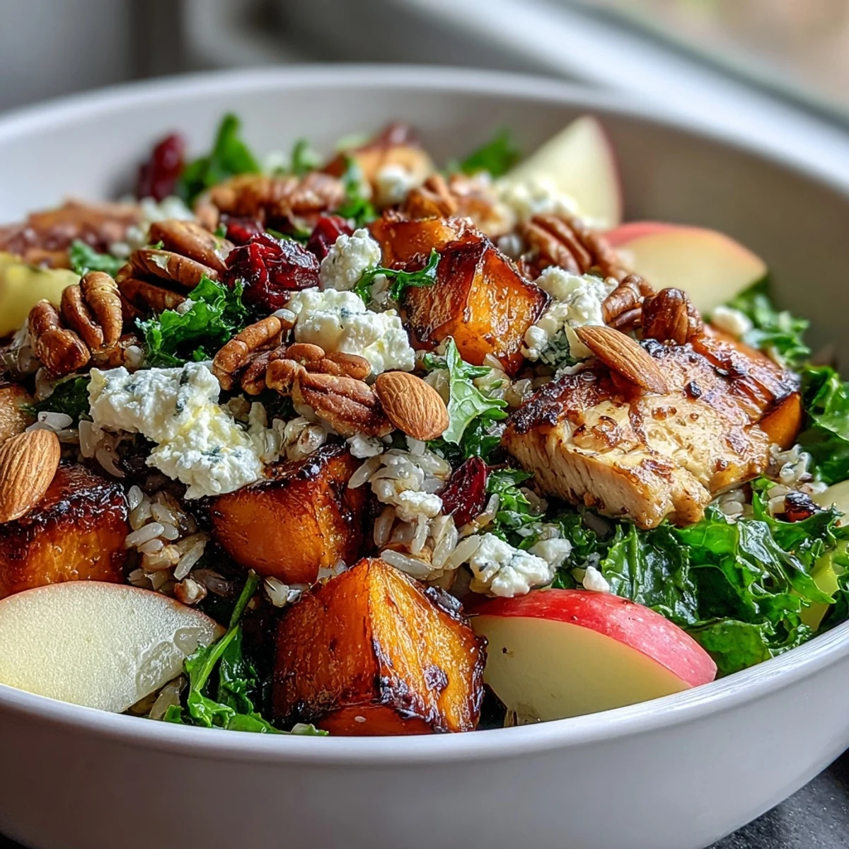 Hearty Harvest Bowl topped with diced apples and crumbled goat cheese, ready to enjoy as a complete meal.