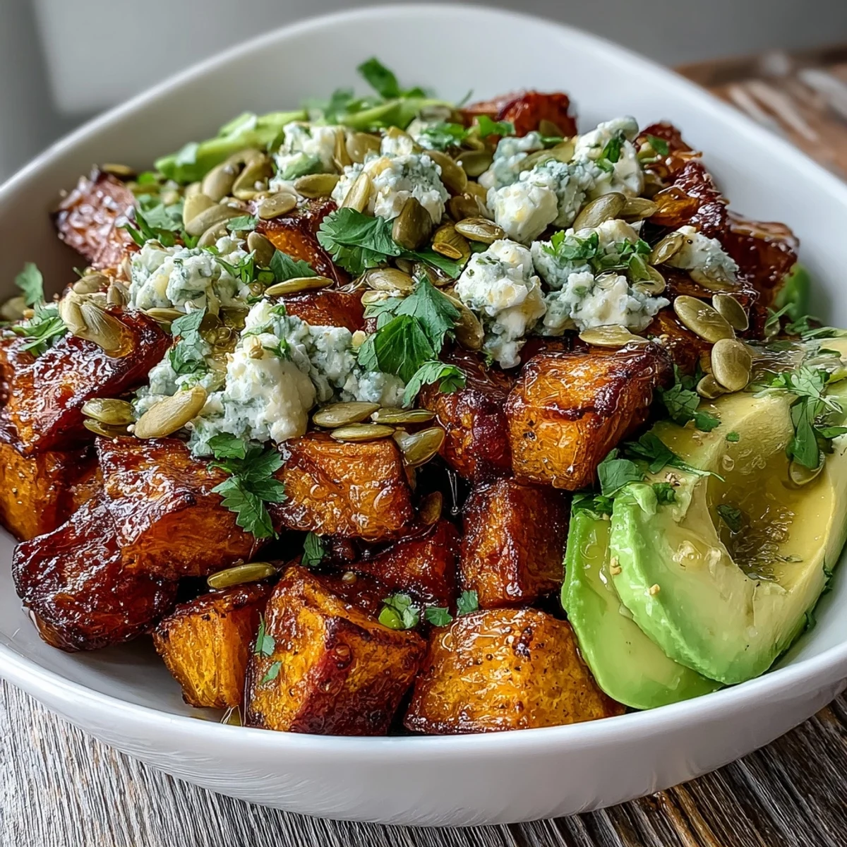 Hot honey sweet potato bowl with golden roasted cubes, creamy avocado slices, and cottage cheese.