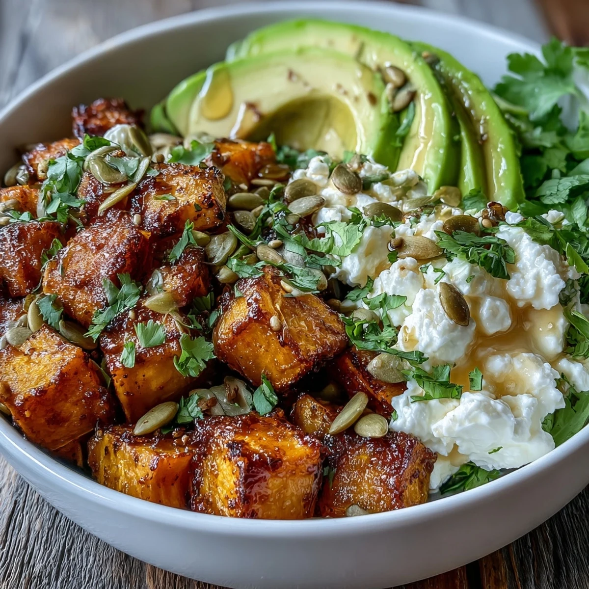 A nourishing Hot Honey Sweet Potato Bowl featuring crispy sweet potatoes, avocado, cottage cheese, and hot honey drizzle.