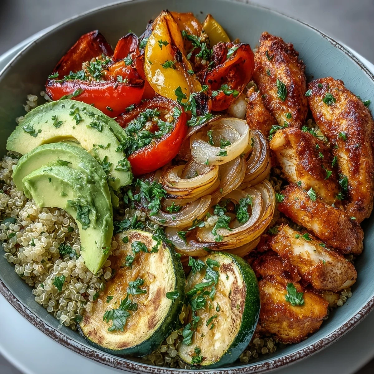 Warm Paprika Roasted Vegetable Quinoa Bowl topped with golden pan-seared chicken, creamy avocado, and crisp lemon salad.