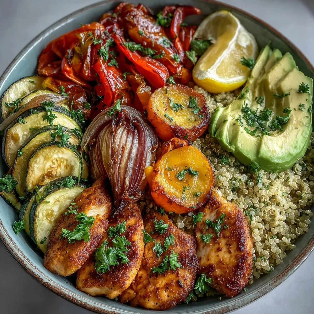Paprika Roasted Vegetable Quinoa Bowl with fluffy quinoa, tender roasted peppers and zucchini, and sliced golden chicken.