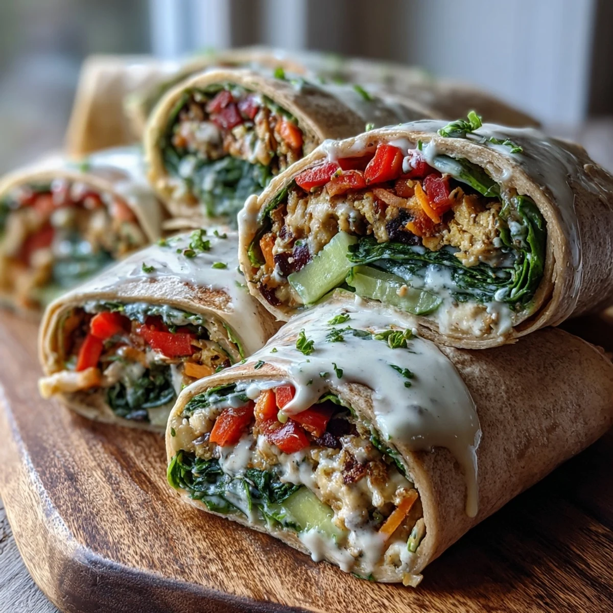 Freshly rolled Black-Eyed Pea Wraps cut in half to reveal layers of brown rice, julienned carrots, and red bell peppers. Perfect for an easy, nutritious vegan lunch.